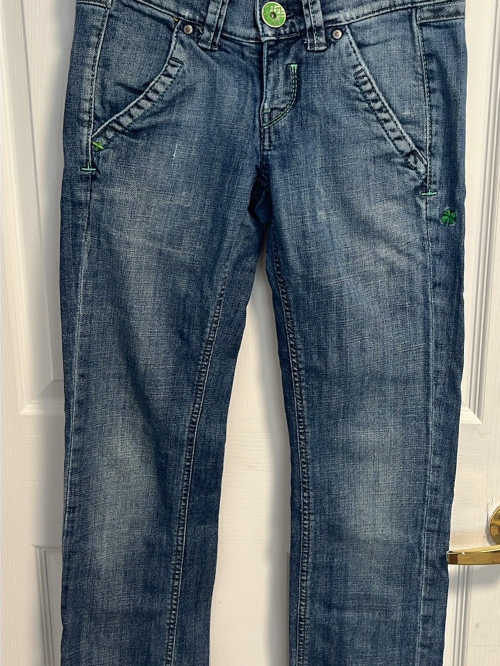 Miss Sixty Straight Leg Mid-Blue Jeans with Green Accents